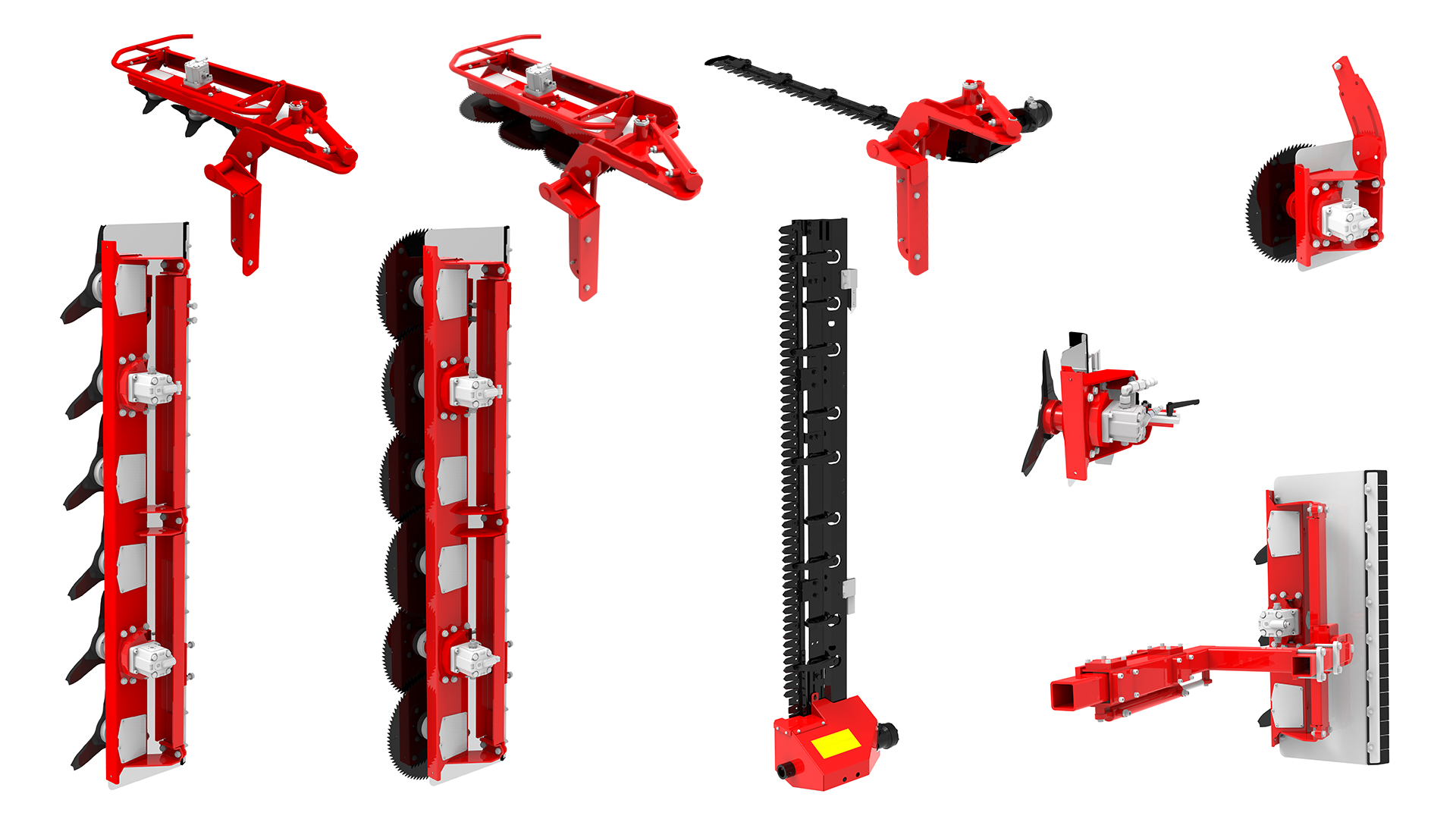 Verschiedene Renderings von allen Schneidesystem der Firma Fruit Tec, rotierend, Doppelmesser, Unterschnitt und horizontale Schneideinheiten