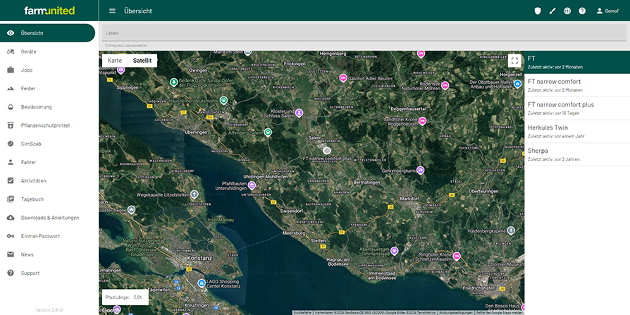 Screenshot von der Farmunited Cloud mit Lageplan der Maschinen, übersicht über Jobs, Pflanzenschutzmizttel, Schläge, und vieles mehr